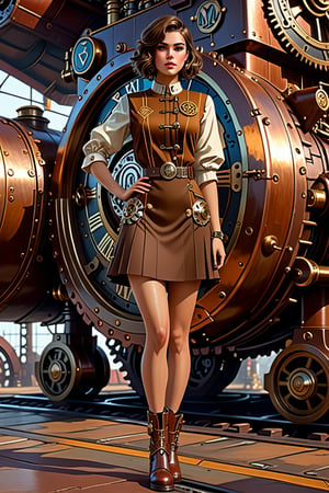 Sexy short skirtpanty showing outfit full body, Portrait of a girl in 
 tunic, loose brown hair, dieselpunk, aristocrat, model face, max detailing, realism, cogs in the background, monograms on background, Ian McQue style,   strongs colors, (artstation), 8k, intricate details, vintage, retro futuristic style, detailed illustration, side view