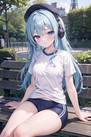 Master piece, generate image of a Sexy 
Girl with headphones, cap, dreamy expression, sitting a bench in the gardens of the Eiffel tower, training wear, t-shirt and sport shorts, (ultra detailed perfect piece:1.2), illustration, masterpiece, (extremely detailed CG 8k), (very fine 8K CG), (1girl:1.2), (blue hair), long hair, wavy hair, hair over one eye, sparkling, light blue eyes, looking at side,