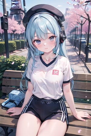 Master piece, generate image of a Sexy 
Girl with headphones, cap, dreamy expression, sitting a bench in the gardens of the Eiffel tower, training wear, t-shirt and sport shorts, (ultra detailed perfect piece:1.2), illustration, masterpiece, (extremely detailed CG 8k), (very fine 8K CG), (1girl:1.2), (blue hair), long hair, wavy hair, hair over one eye, sparkling, light blue eyes, looking at side,Random cinematic film still ((BBC Style)) A Futuristic cyborg Geisha Queen sitting in a tea house having tea, in a cherry blossom kimono, setting is cyberpunk

, 4k, Canon EOS R3, hdr, smooth, sharp focus, high resolution, award winning photo, 35mm, wide angle shot, full_length, f2.8, bokeh, in the style of Garry Winogrand – Street Photography