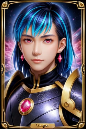 solo, looking at viewer, red eyes, 1boy, jewelry, closed mouth, blue hair, upper body, weapon, male focus, multicolored hair, earrings, pink eyes, armor, border, polearm, shoulder armor, gem, portraitcard  Anime portrait, anime character,  detailed,  vibrant,  anime face,  sharp focus,  character design,  wlop,  artgerm,  kuvshinov,  character design,  unreal engine, anime character,  detailed,  vibrant,  anime face,  sharp focus,  character design,  wlop,  artgerm,  kuvshinov,  character design,  unreal engine, anime, anime character, fan art, animation, featuring the described elements in a vibrant, ultra vivid masterpiece directive.