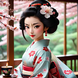   1. Anime  Shinkai style character in the style of the Geisha girl in the image, her hair is black and straight, the face is traditional red and white,  her skin in smooth and soft, her hair as a cherry blossom hair pin in it to hold it in place. The Geisha's kimono is white with pink cherry blossoms in a filigree design. 2. The setting is a Japanese tea house where she is sitting having tea, the tea is hot with steam coming from the cup, a small tea cup. The tea house is quite peaceful, with tradition Japanese zither music playing in the background. The lighting is from traditional candle light a feeling of calmness and peace in the tea house. 3. The Geisha hold her self with proper etiquette and respectfulness about her, the tea house treats her with respect as if she is a concubine of royalty. The other parties in the tea house acknowledge her with a bow and respect. The Geisha is a daughter of a high ranking official in the high court. The emperor is looking for someone to marry the 1st prince.  