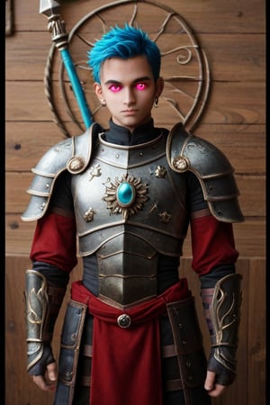 A lone figure stands before a rustic wooden border, adorned with intricate carvings. The subject, a young boy with striking blue and multicolored hair, gazes directly at the viewer with piercing pink eyes. His red-tinged eyes seem to glow in the dimly lit atmosphere. A gleaming polearm rests against his shoulder armor, while gemstones glint on his earrings. His closed mouth hints at a sense of determination or intensity. The focus is squarely on the boy's upper body, with a subtle emphasis on the jewelry and armor that encase him.