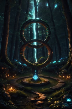 best quality,4k,8k,highres,masterpiece:1.2),ultra-detailed,(realistic,photorealistic,photo-realistic:1.37),davincitech Tree branches came together to form a mystical ring deep in the forest. Each branch magically twisted and touched the other, creating a perfect circle. The branches were covered with ancient mystical symbols. These symbols do not look as if they were etched into their surfaces, but as if they appeared there naturally. Each symbol glowed with a blue glow and radiated a magical aura around them.

The lights from the symbols rose in thin beams of blue light and fluttered in the air. As these lights rose into the sky, they created a blue transition and acted like a current of energy. Where the lights met, a halo of light danced like a blue aurora. This magical passage, shining in the darkness of the night, illuminates the rest of the forest and affects those who see it as if they are entering into a deep spell.

The air between the branches trembled slightly under the influence of these lights, and it was as if the entire forest came to life around this magical ring. The rhythmic glow of the lights coming from the symbols becomes the complementary element of this magical atmosphere, creating a light hum without disturbing the surrounding silence. This ring appears to be the center of an ancient ritual and deepens the mystery in the heart of the forest.












,Magic Forest