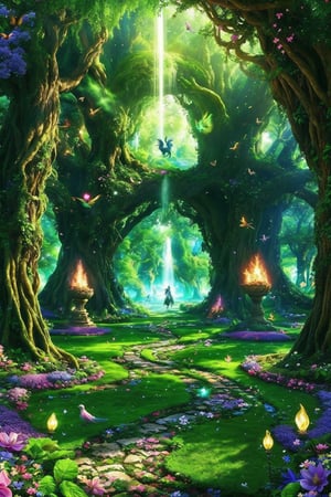 best quality,4k,8k,highres,masterpiece:1.2),ultra-detailed,(realistic,photorealistic,photo-realistic:1.37)A fantasy forest is where the magic of nature meets at its most magnificent. Beams of light dancing under the mysterious shadows of giant trees, paths hiding their secrets among lush green leaves, and a world where magical beings wander silently... At every step, nature offers us extraordinary beauty; The air resounds with the melodies of birds and is filled with the magical scents of flowers. This forest is a fairy tale that takes our imagination beyond its limits, a fascinating living space that takes people from the real world to a fantastic adventure.