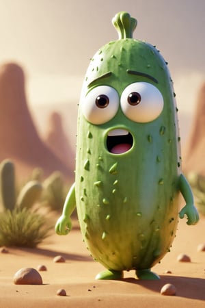 Epic characte cute style pixar of god of a cucumber, full body mistic composition in a desert