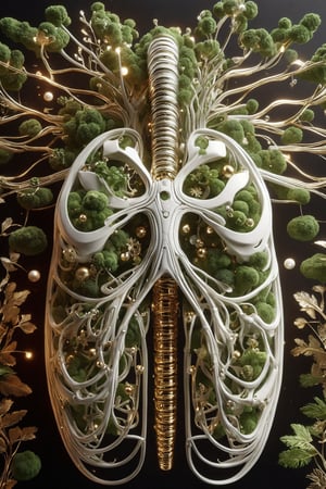 Lungs with metal structures and futuristic plastic, gold tubes and green vines and moss that surround the bronchi, with small flowers, with details of jewelry and precious stones, covered with an intricate structure of technology and moss, futuristic details of white plastic with lights Multicolored neon, holographic effect and natural cyborg style, biotechnological, organic, natural biopunk, parametric and organic biomimetic, detailed photo, rendering, 16K, a visually impressive and immersive work of art, on a black background
