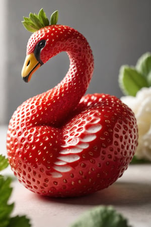detailed realistic close up of a strawberry shaped like a swan, sitting, natural light





