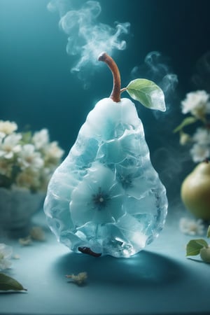 a pear,ice,  smoke, in the fantasy garden