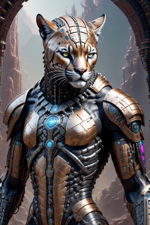 A biotech cyborg man puma warrior, covered in detailed intricate metallic tech armor, splash art, fractal art, colorful, a winner photo award, detailed photo, Arnold render, 16K,cyborg style,biopunk style, ubicated in a selvatic enviroment