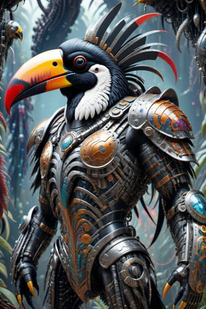 A biotech cyborg man toucan warrior, covered in detailed intricate metallic tech armor, splash art, fractal art, colorful, a winner photo award, detailed photo, Arnold render, 16K,cyborg style,biopunk style, ubicated in a selvatic enviroment