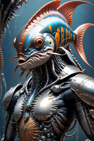A biotech cyborg man fish warrior, covered in detailed intricate metallic tech armor, splash art, fractal art, colorful, a winner photo award, detailed photo, Arnold render, 16K,cyborg style,biopunk style, ubicated in a selvatic enviroment