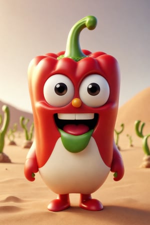Epic characte cute buy style pixar of god of a bell pepper, full body mistic composition in a desert