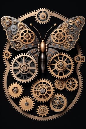 top view of a steampunk style butterfly, with meticulously designed and assembled gears, with vintage colors, ultra detailed in high definition, natural and mechanical elements, black background