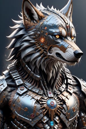 A biotech cyborg man wolf warrior, covered in detailed intricate metallic tech armor, splash art, fractal art, colorful, a winner photo award, detailed photo, Arnold render, 16K,cyborg style,biopunk style