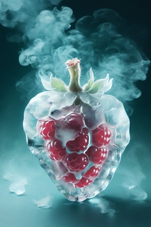 a raspberry,ice,  smoke, in the fantasy garden