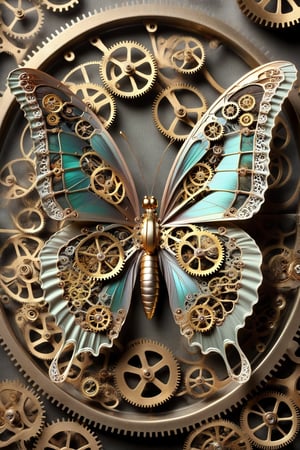 Generates a detailed steampunk style image with pastel colors and golden brown of a butterfly seen from above. The butterfly must be adorned with intricate gears and mechanical elements that imitate its natural structure. The image must be high resolution and show a perfect fusion between the organic and the mechanical, black background,DonMSt34mPXL,steampunk