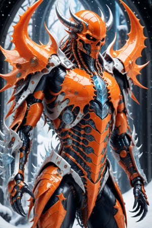 A biotech orange winter cyborg devil covered in detailed intricate mystic ice tech armor, splash art, fractal art, colorful, a winner photo award, detailed photo, Arnold render, 16K,cyborg style,biopunk style