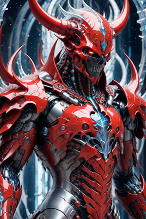 A biotech red  winter cyborg devil covered in detailed intricate mystic ice tech armor, splash art, fractal art, colorful, a winner photo award, detailed photo, Arnold render, 16K,cyborg style,biopunk style