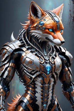 A biotech cyborg man  fox , covered in detailed intricate metallic tech armor, splash art, fractal art, colorful, a winner photo award, detailed photo, Arnold render, 16K,cyborg style,biopunk style, ubicated in a selvatic enviroment