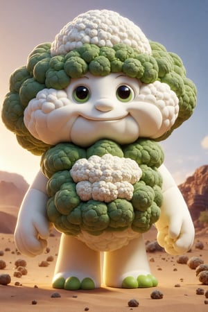 Epic characte cute buy style pixar of god of a cauliflower, full body mistic composition in a desert