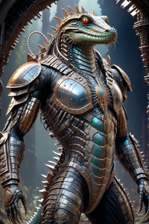 A biotech cyborg man caiman warrior, covered in detailed intricate metallic tech armor, splash art, fractal art, colorful, a winner photo award, detailed photo, Arnold render, 16K,cyborg style,biopunk style, ubicated in a selvatic enviroment