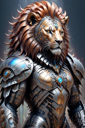 A biotech cyborg man lion warrior, covered in detailed intricate metallic tech armor, splash art, fractal art, colorful, a winner photo award, detailed photo, Arnold render, 16K,cyborg style,biopunk style, ubicated in a selvatic enviroment