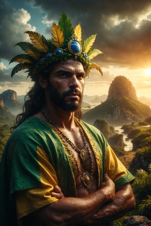 Epic and representative composition of the king god of brasil, representing the brasilian working man, with typical attire and colors of his country, located in a tipical landscape of this country