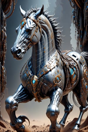 A biotech cyborg man horse, covered in detailed intricate metallic tech armor, splash art, fractal art, colorful, a winner photo award, detailed photo, Arnold render, 16K,cyborg style,biopunk style, ubicated in a selvatic enviroment