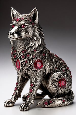 the ornate figurine of a wolf, crafted from silver and adorned with intricate floral designs, sits majestically on the polished surface. its ruby red eyes glow with an eerie intensity, adding to its mystical aura. the cat figurine is not alone; it shares the space with other unique objects that add depth and character to the scene.
