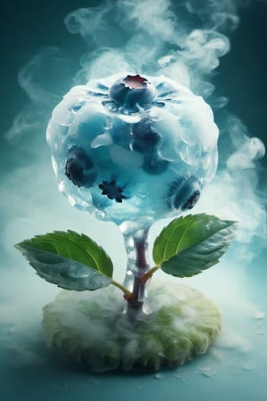 a blueberry,ice,  smoke, in the fantasy garden