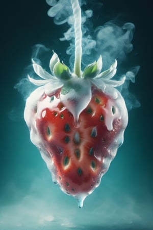 a strawberry,ice,  smoke, in the fantasy garden