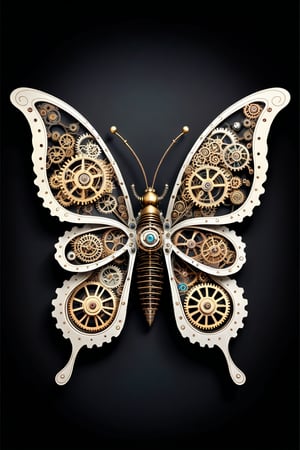 top view of a steampunk style butterfly, with meticulously designed and assembled gears, with vintage colors, ultra detailed in high definition, natural and mechanical elements, black background