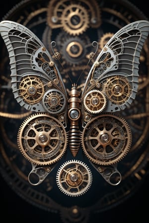 Top view of a butterfly in steampunk style, with meticulously designed and assembled gears. The image should be ultra-detailed in high definition, showing all the mechanical and biomimetic elements with precision. The butterfly should have an elegant and futuristic appearance, harmoniously combining natural and mechanical elements. The background should be completely black to highlight the details