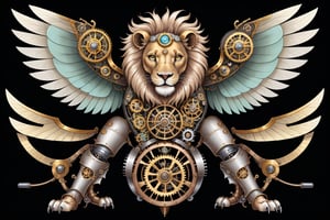 Generates a detailed steampunk style image with pastel colors and golden brown of a lion with wing seen from above. The beetle must be adorned with intricate gears and mechanical elements that imitate its natural structure. The image must be high resolution and show a perfect fusion between the organic and the mechanical, black background,DonMSt34mPXL,steampunk,steampunk style