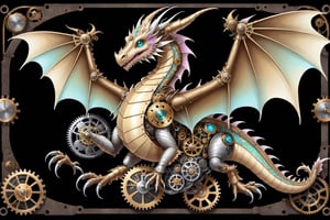 Generates a detailed steampunk style image with pastel colors and golden brown of a dragon with wing seen from above. The beetle must be adorned with intricate gears and mechanical elements that imitate its natural structure. The image must be high resolution and show a perfect fusion between the organic and the mechanical, black background,DonMSt34mPXL,steampunk,steampunk style