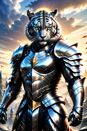Create an extraordinary masterpiece of 32k Ultra HDR high resolution images with super realistic photorealism. It depicts a fearsome warrior adorned in a magical silver and black full body knight armor suit with fantasy style magical fantasy world TIGER design. Illuminate the scene with radiant light emanating from the armored central core as the warrior walks dynamically against a perfect fantasy-style sky and background. Ensure cinematic quality and super high level of detail, creating a visually stunning and immersive fantasy world image.