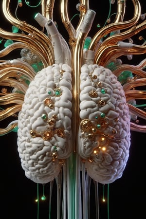 A human brain  with neon pipes, gold gears, moss growing between its arteries and veins, covered with an intricate structure of technology, precious stones, neon hoses, futuristic white plastic details with iridescent colored lights and neon liquid, holographic effect and natural cyborg style, biotechnological, organic, natural biopunk, parametric and organic biomimetic, detailed photo, rendering, 16K, a visually impressive and immersive work of art, on black background
