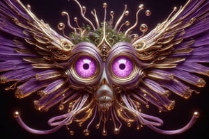 A human two eyes purple with wing, view front, majestic luxury, vista, with neon pipes, gold gears, moss growing between its arteries and veins, covered with an intricate structure of technology, precious stones, neon hoses, futuristic white plastic details with iridescent colored lights and neon liquid, holographic effect and natural cyborg style, biotechnological, organic, natural biopunk, parametric and organic biomimetic, detailed photo, rendering, 16K, a visually impressive and immersive work of art, on black background