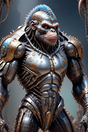 A biotech cyborg ape warrior, covered in detailed intricate metallic tech armor, splash art, fractal art, colorful, a winner photo award, detailed photo, Arnold render, 16K,cyborg style,biopunk style
