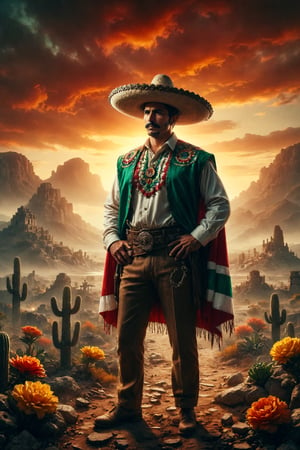 Epic and representative composition of the king god of mexico, representing the mexican working man, with typical attire and colors of his country, located in a tipical landscape of this country