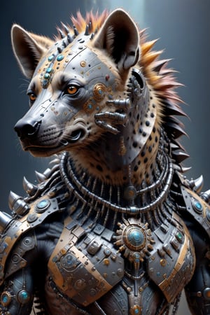 A biotech cyborg man hyena, covered in detailed intricate metallic tech armor, splash art, fractal art, colorful, a winner photo award, detailed photo, Arnold render, 16K,cyborg style,biopunk style, ubicated in a selvatic enviroment