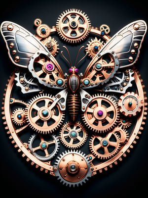 top view of a butterfly steampunk style, with made gears, ultra detailed HD, biomimetical in black background