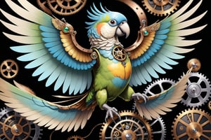 Generates a detailed steampunk style image with pastel colors and golden brown of a parrot with wing seen from above. The beetle must be adorned with intricate gears and mechanical elements that imitate its natural structure. The image must be high resolution and show a perfect fusion between the organic and the mechanical, black background,DonMSt34mPXL,steampunk,steampunk style