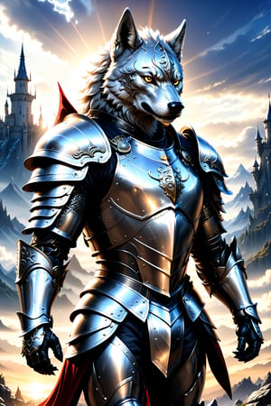 Create an extraordinary masterpiece of 32k Ultra HDR high resolution images with super realistic photorealism. It depicts a fearsome warrior adorned in a magical silver and black full body knight armor suit with fantasy style magical fantasy world WOLF design. Illuminate the scene with radiant light emanating from the armored central core as the warrior walks dynamically against a perfect fantasy-style sky and background. Ensure cinematic quality and super high level of detail, creating a visually stunning and immersive fantasy world image.
