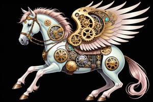 Generates a detailed steampunk style image with pastel colors and golden brown of a horse with wing seen from above. The beetle must be adorned with intricate gears and mechanical elements that imitate its natural structure. The image must be high resolution and show a perfect fusion between the organic and the mechanical, black background,DonMSt34mPXL,steampunk,steampunk style