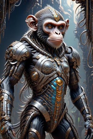 A biotech cyborg man monkey warrior, covered in detailed intricate metallic tech armor, splash art, fractal art, colorful, a winner photo award, detailed photo, Arnold render, 16K,cyborg style,biopunk style, ubicated in a selvatic enviroment