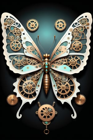 Generates a detailed steampunk style image with pastel colors and golden brown of a butterfly seen from above. The butterfly must be adorned with intricate gears and mechanical elements that imitate its natural structure. The image must be high resolution and show a perfect fusion between the organic and the mechanical, black background
