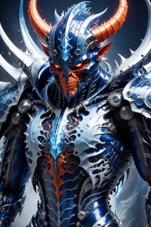 A biotech blue fire cyborg devil covered in detailed intricate mystic ice tech armor, splash art, fractal art, colorful, a winner photo award, detailed photo, Arnold render, 16K,cyborg style,biopunk style