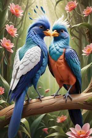 Capture the essence of love in the avian world with two beautif sulsurreal birds with large feathers and lush manes, their feathers intertwined as they perch together. This heartwarming scene invites artists to depict the tender connection and vibrant beauty of these feathered pairs in a delightful masterpiece.