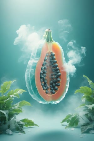 a papaya,ice,  smoke, in the fantasy garden